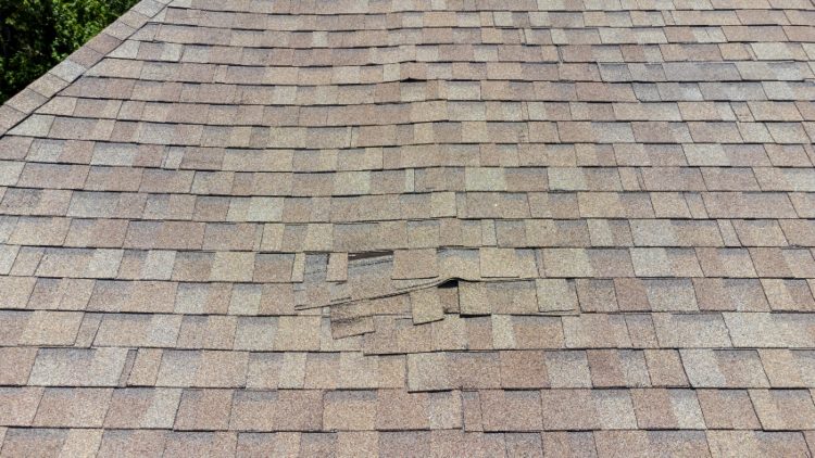 Roof with broken shingles, highlighting signs of roof damage in Santa Cruz and Monterey Counties