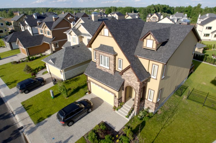 Knox Roofing aerial view of residential roofing in a suburban neighborhood in Hollister, CA